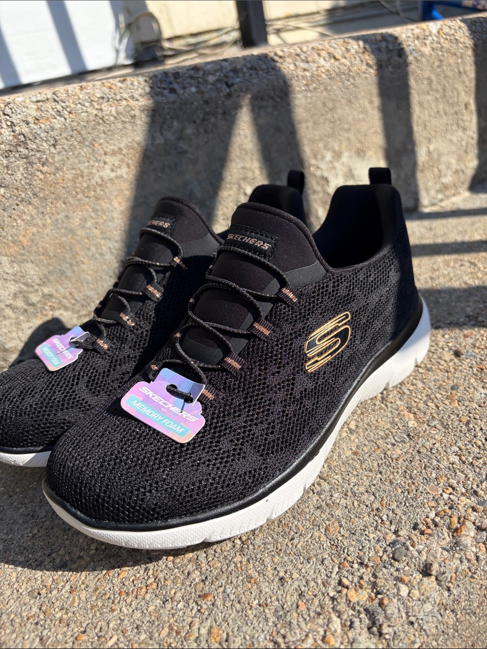 🆕Skechers Black Lace Mesh Slip-On Memory Foam Sneakers White Sole & Gold Logo